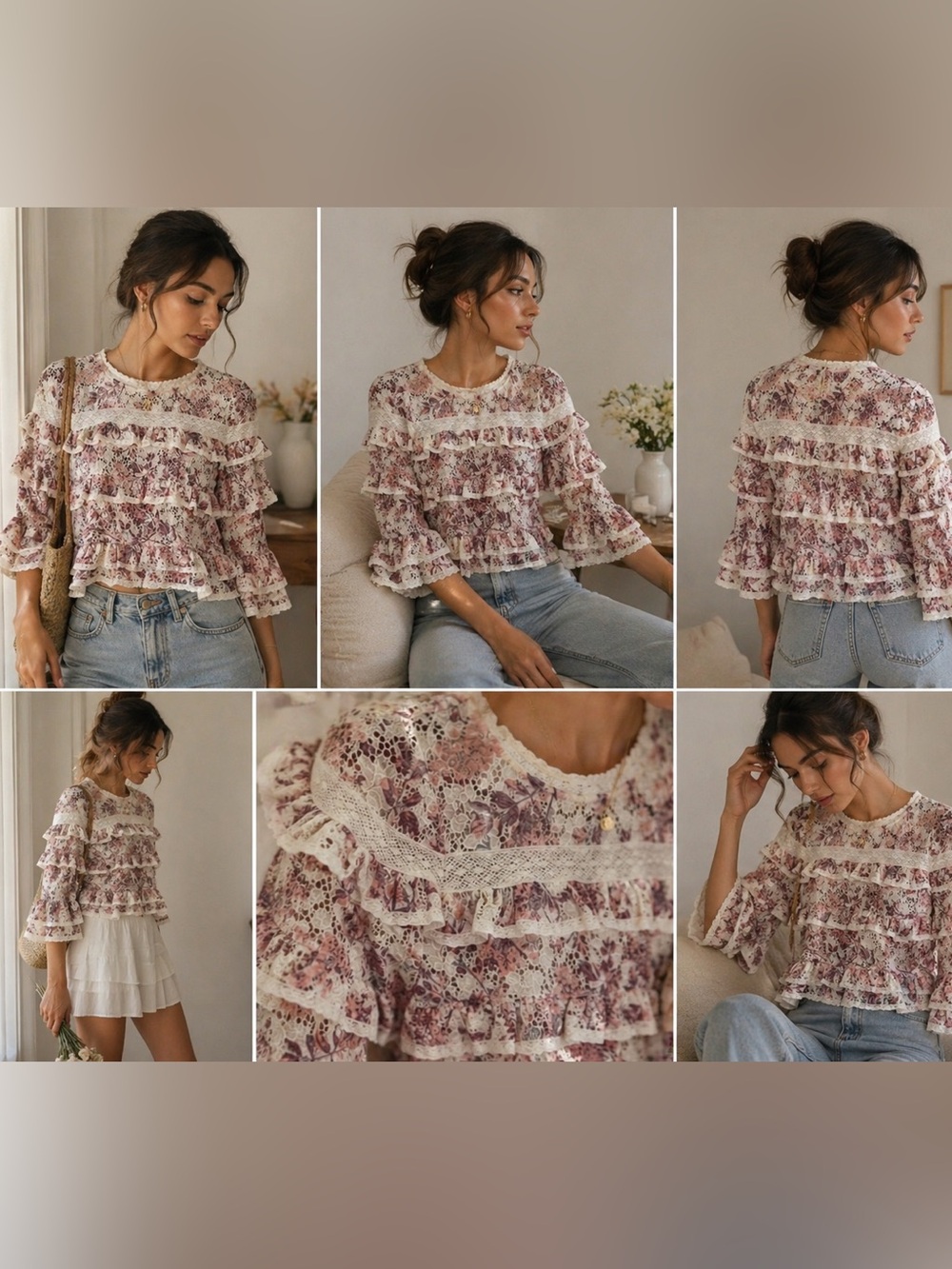 Shabby Chic Lace Ruffle Floral Blouse Size S – Romantic Cottagecore Style